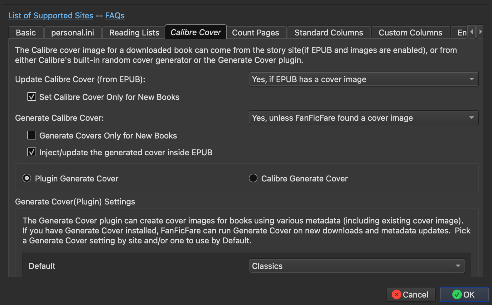 FanFicFare — Calibre Cover tab