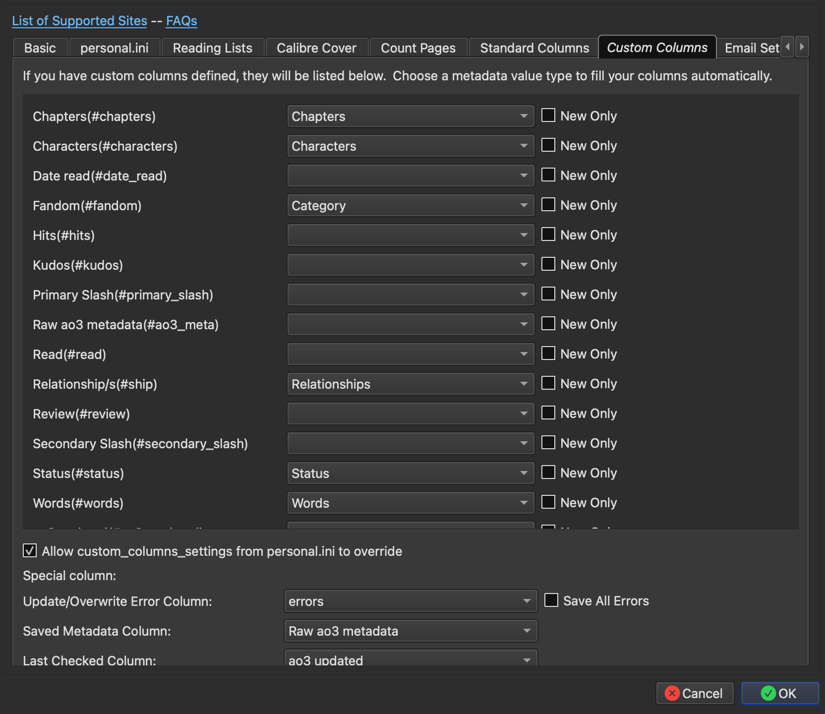FFF Custom Columns tab