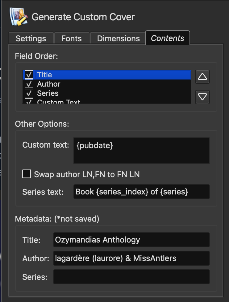 Generate Cover — Contents tab