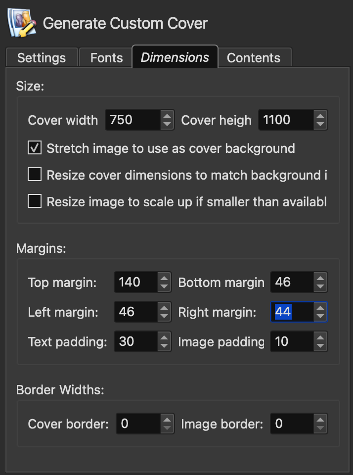 Generate Cover — Dimensions tab